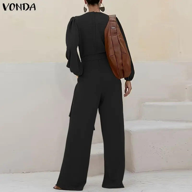 Combinaison Manches Longues Plissées — Col Revers, Ceinture, Pantalon Cheville