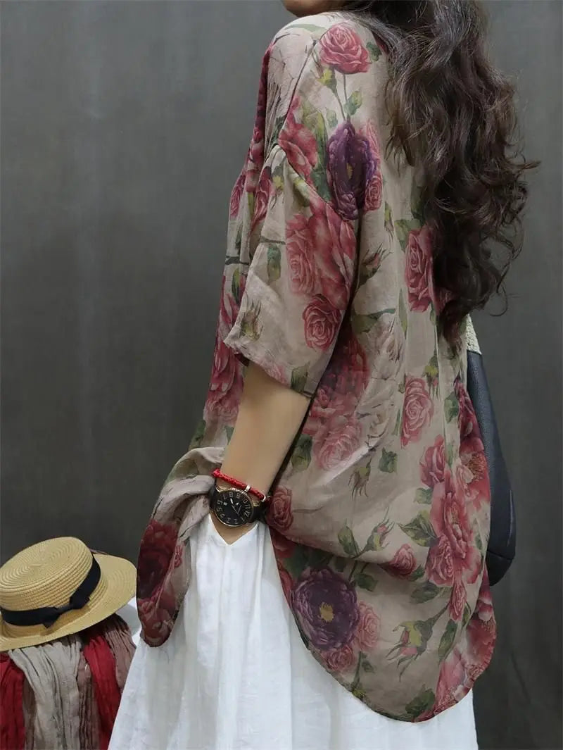 Chemise Mi-Longue Style Chinois — Col Mandarin, Manches Courtes, Imprimé Floral, Coupe Lâche