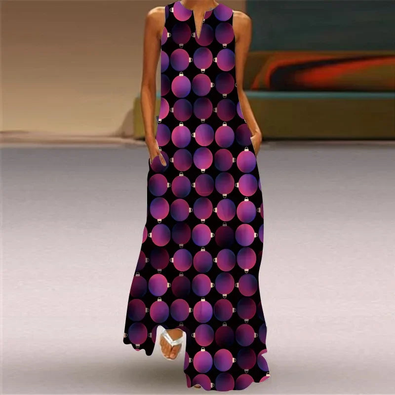 Robe Longue Imprimée Artistique — Col en V, Sans Manches, Poche, Longueur Sol