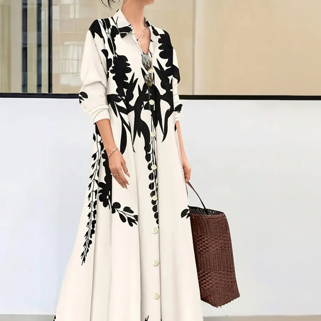 Robe Longue Florale Noir & Blanc – Manches Longues & Longueur Cheville