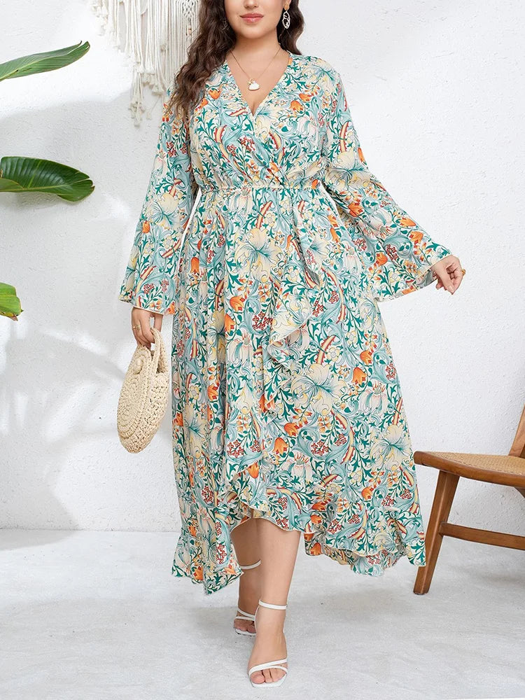 Robe Longue Asymétrique Florale Vert Sauge – Col V & Manches Évasées