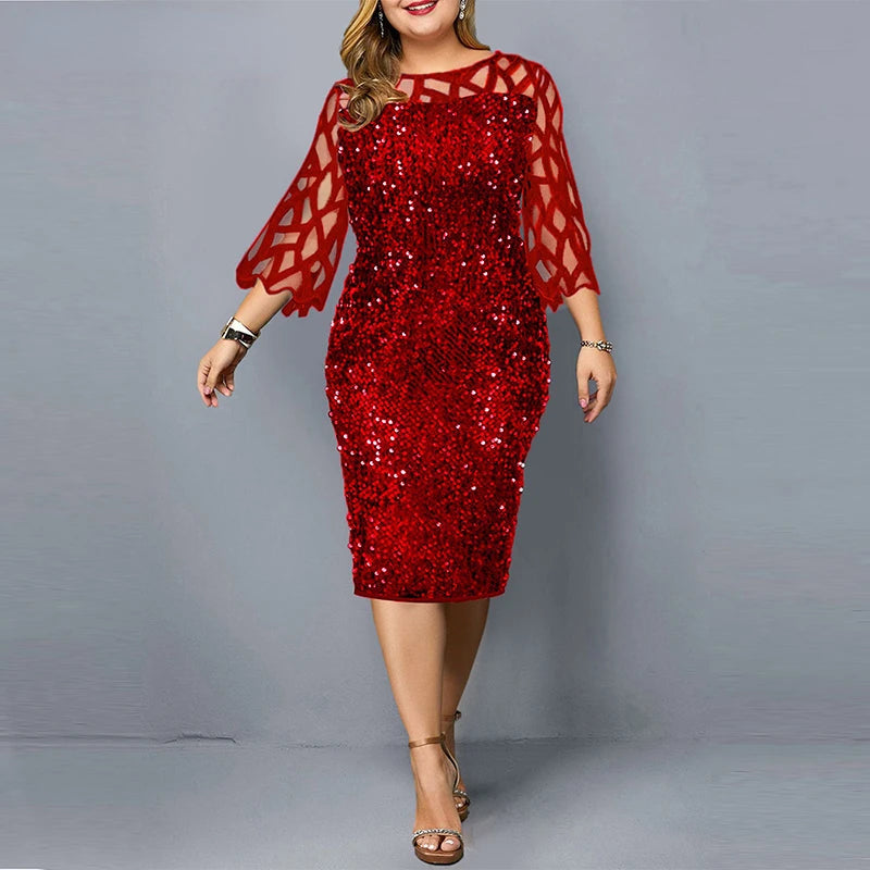 Robe Midi Sequins — Manches Courtes, Silhouette Une Ligne, Style Soirée