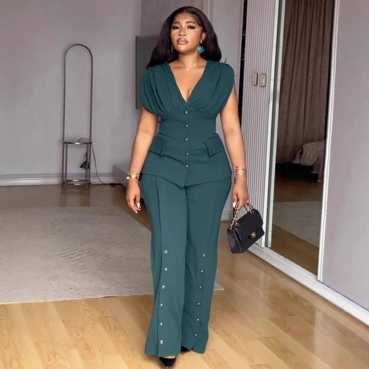 Ensemble 2 Pièces Col en V & Taille Cintrée — Pantalon Jambes Larges, Poche, Longueur Cheville