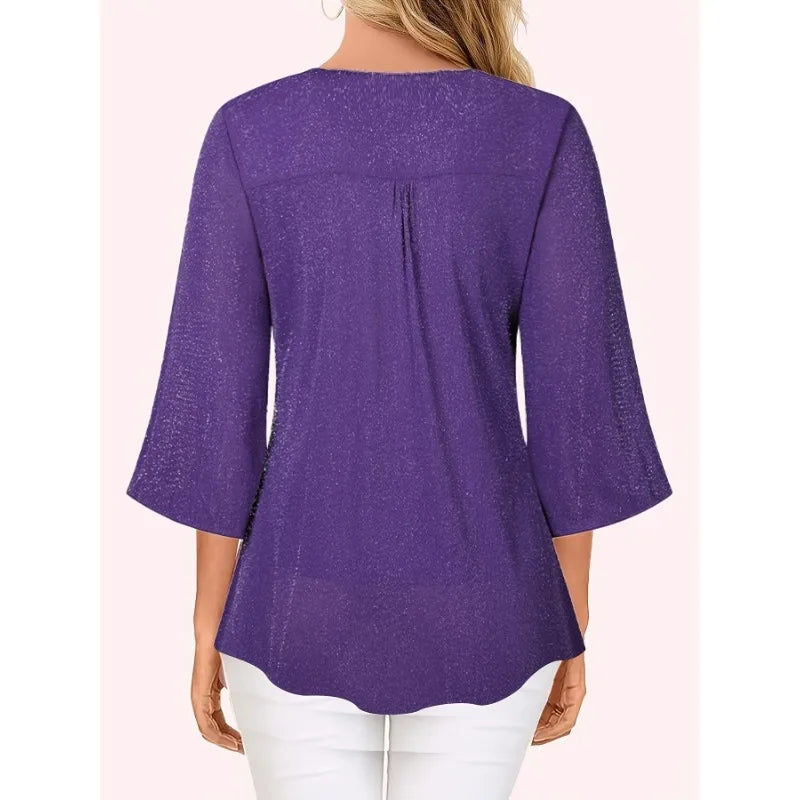 Chemise Ample Col en V — Manches 3/4 Évasées, Ouverture Totale, Coupe Régulière