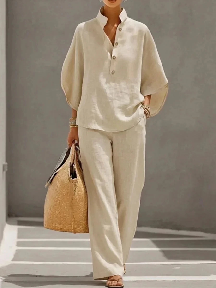 Ensemble 2 Pièces Coton & Lin – Chemise Col Montant Boutonnée & Pantalon Cheville
