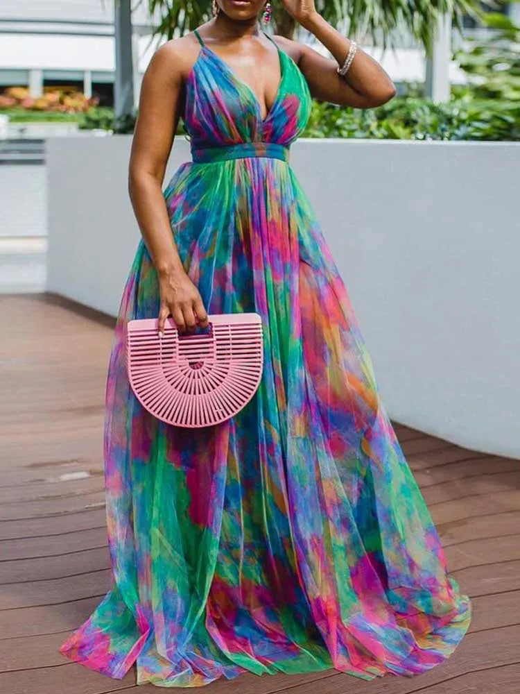 Robe Longue Dos Nu — Col en V, Imprimé Tie-Dye & Ourlet en Maille