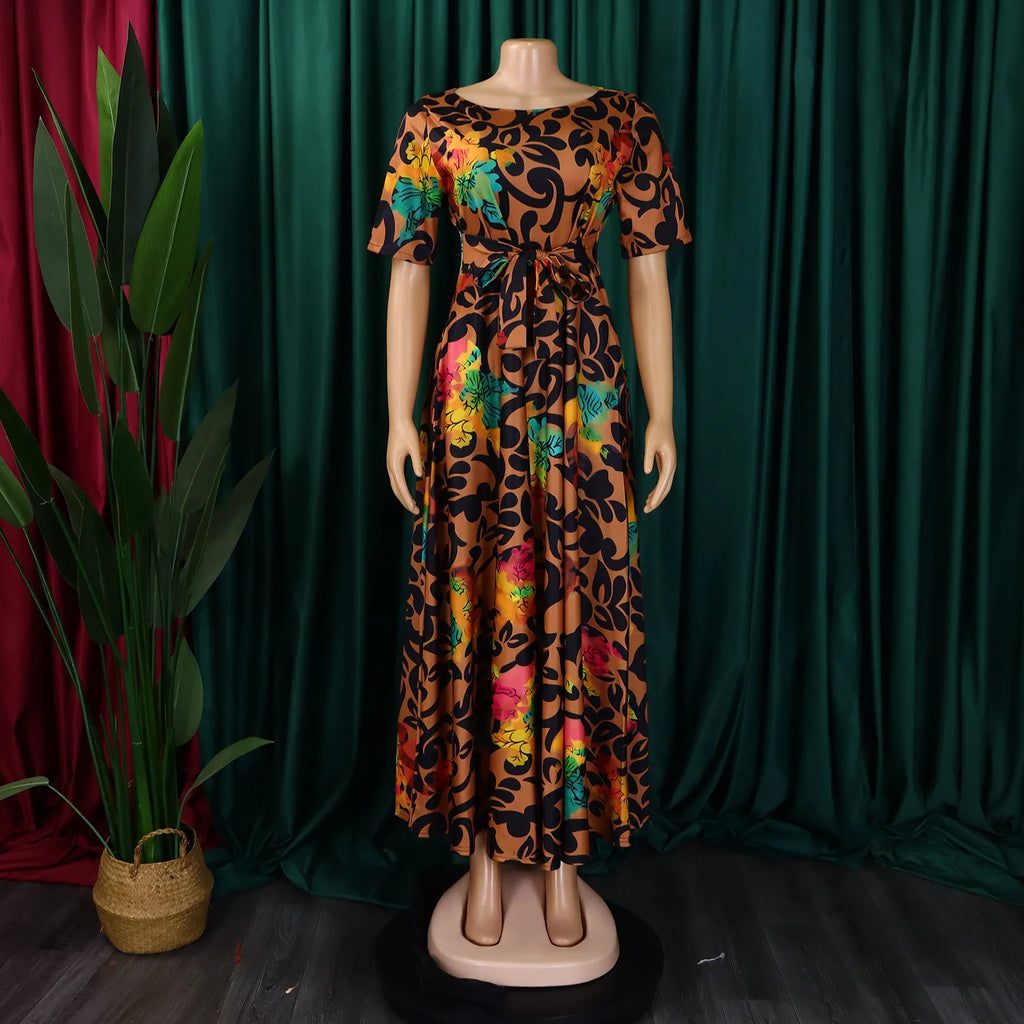 Robe Longue Imprimée avec Ceinture — Col Rond, Manches Courtes, Longueur Cheville