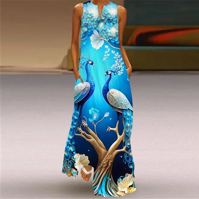 Robe Longue Imprimée Artistique — Col en V, Sans Manches, Poche, Longueur Sol