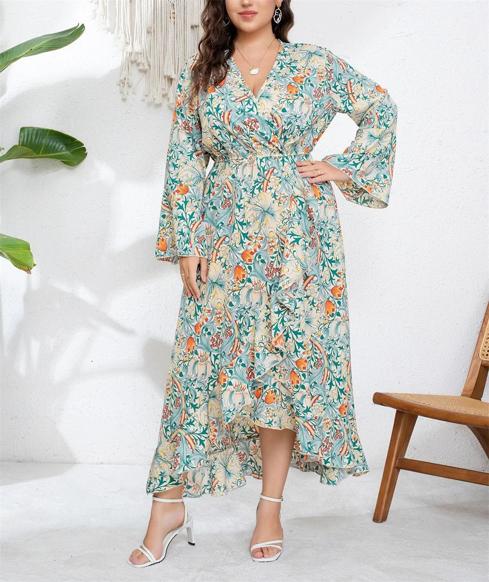 Robe Longue Asymétrique Florale Vert Sauge – Col V & Manches Évasées