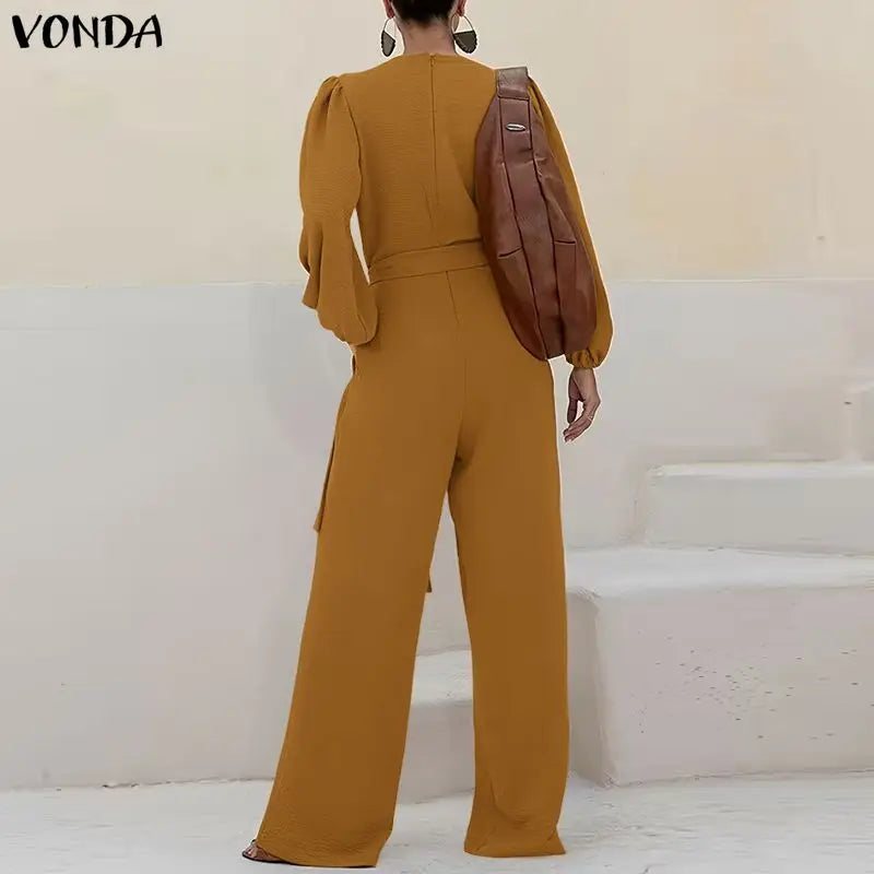 Combinaison Manches Longues Plissées — Col Revers, Ceinture, Pantalon Cheville