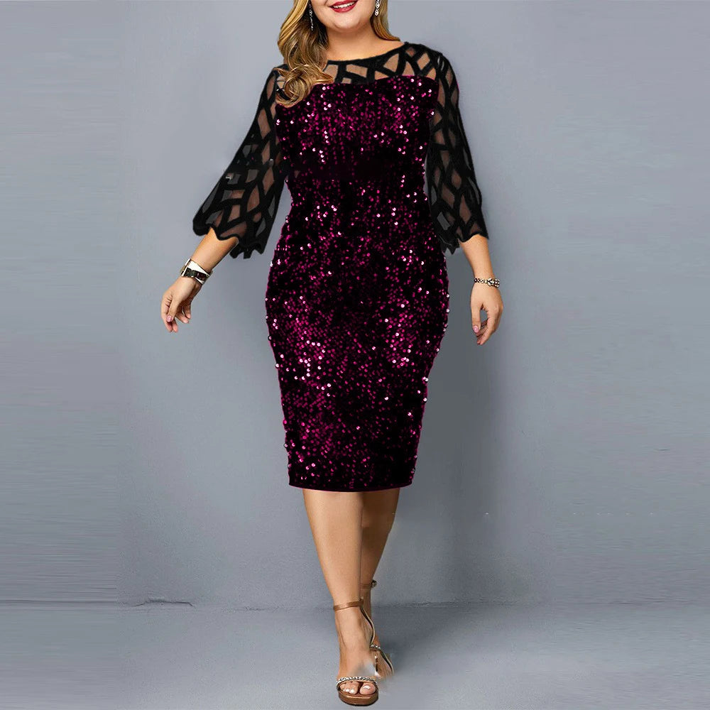 Robe Midi Sequins — Manches Courtes, Silhouette Une Ligne, Style Soirée