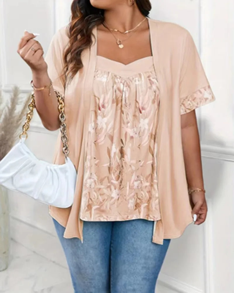 Top Floral 2 en 1 — Col Cou Fendu & Manches Mi-Longues