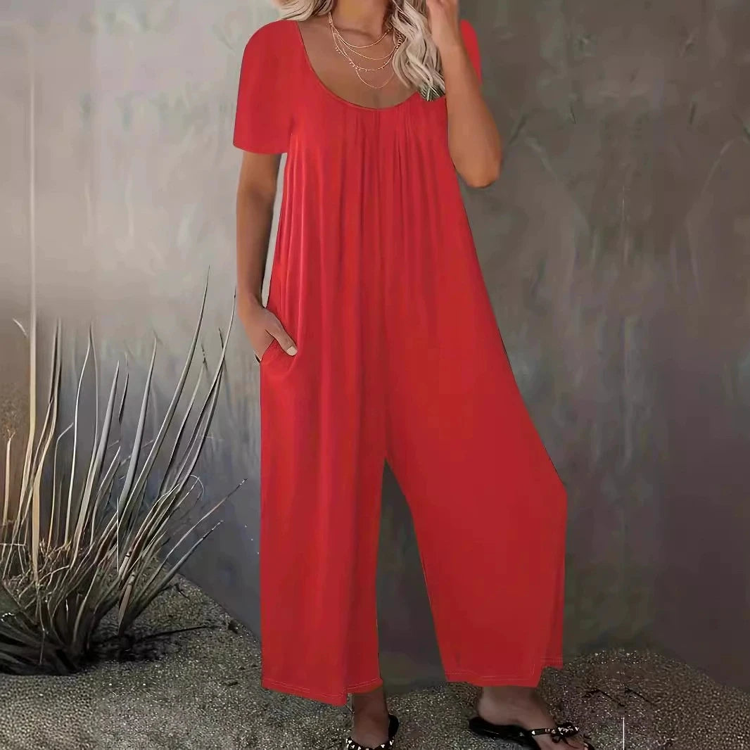 Combinaison Salopette Jambes Larges — Couleur Unie, Manches Courtes & Poches