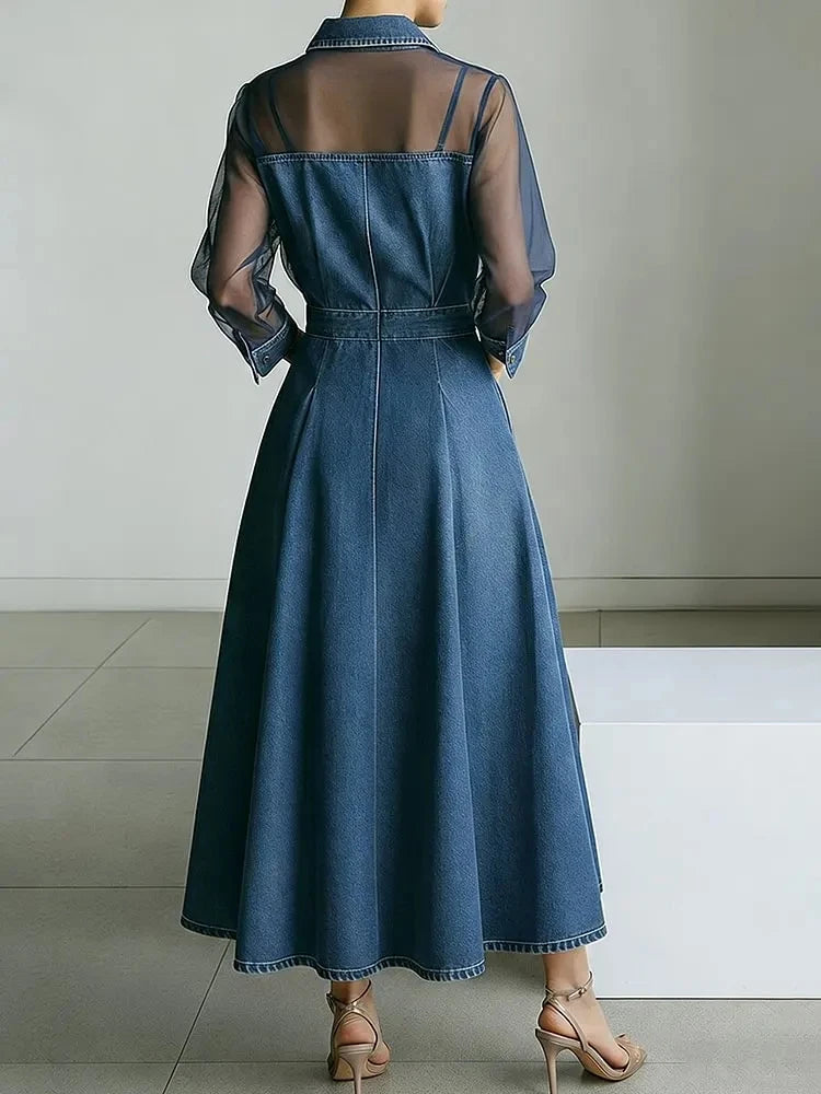 Robe Trapèze Style Jean — Col Rabattu, Manches Longues en Tulle, Boutons, Longueur Cheville