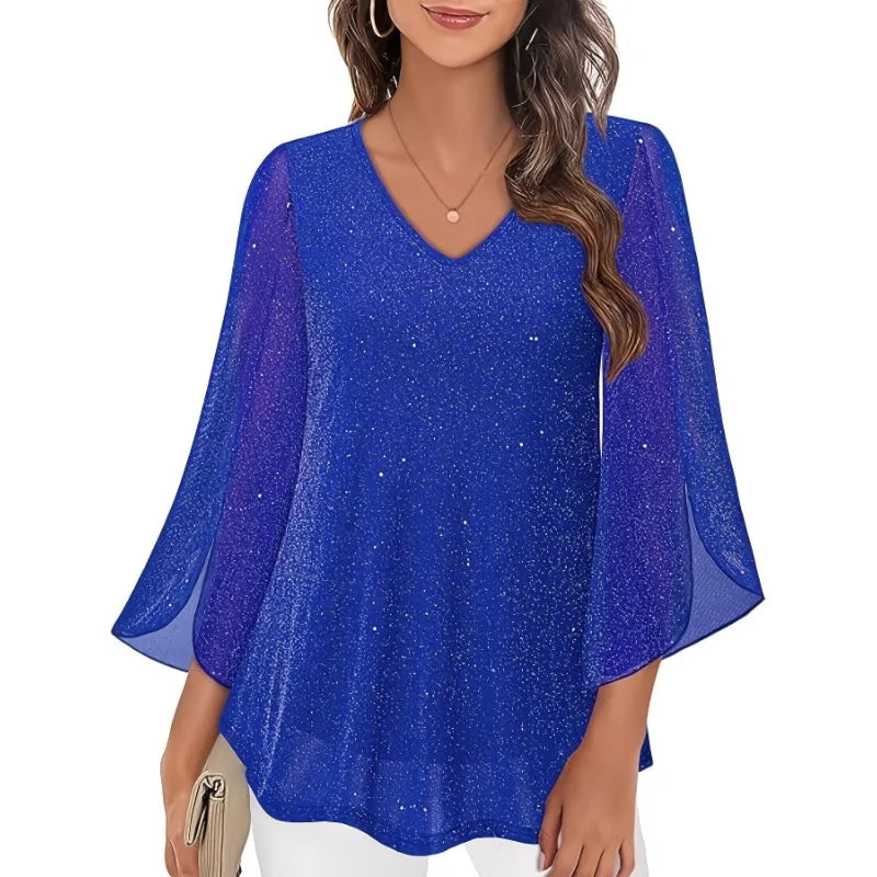 Chemise Ample Col en V — Manches 3/4 Évasées, Ouverture Totale, Coupe Régulière