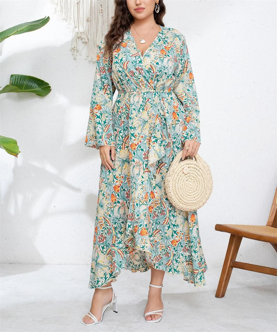 Robe Longue Asymétrique Florale Vert Sauge – Col V & Manches Évasées