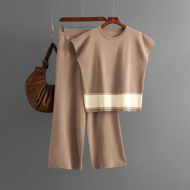 Ensemble 2 Pièces Tricot — Top Col Rond & Pantalon Jambes Larges