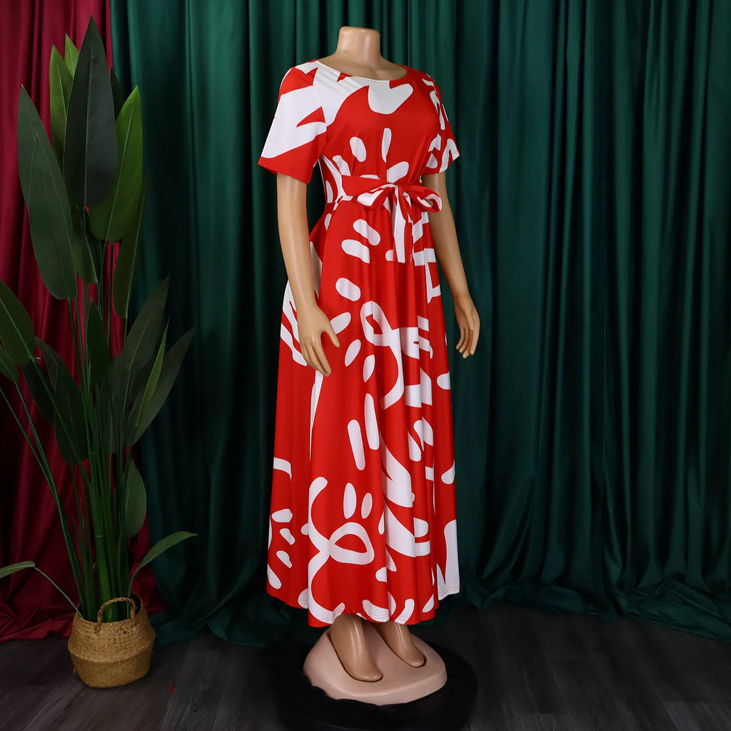 Robe Longue Imprimée avec Ceinture — Col Rond, Manches Courtes, Longueur Cheville