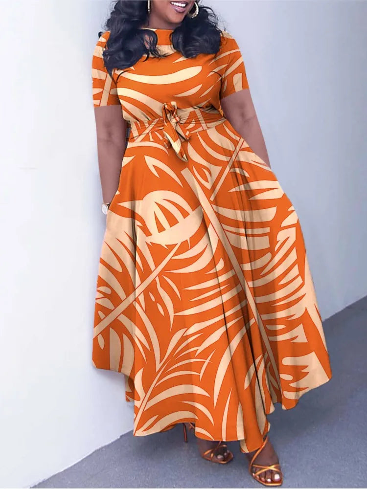 Robe Longue Imprimée — Col Rond, Manches Courtes, Longueur Cheville