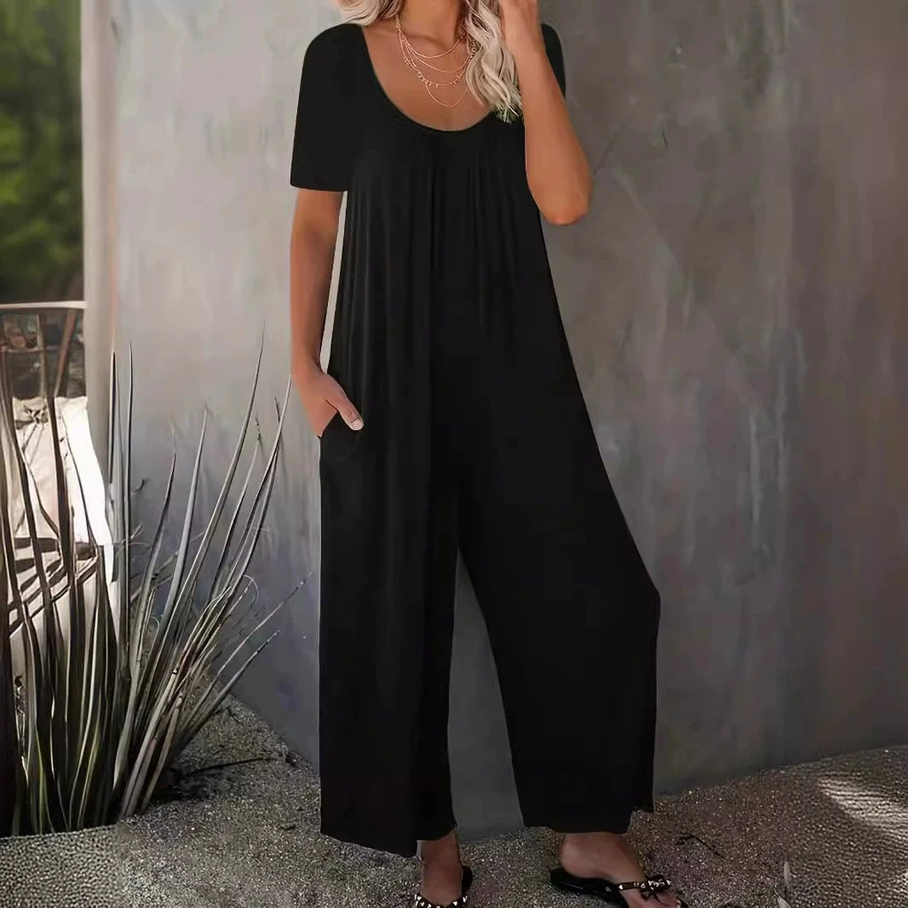 Combinaison Salopette Jambes Larges — Couleur Unie, Manches Courtes & Poches