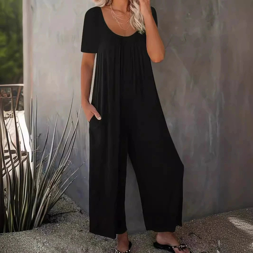 Combinaison Salopette Jambes Larges — Couleur Unie, Manches Courtes & Poches