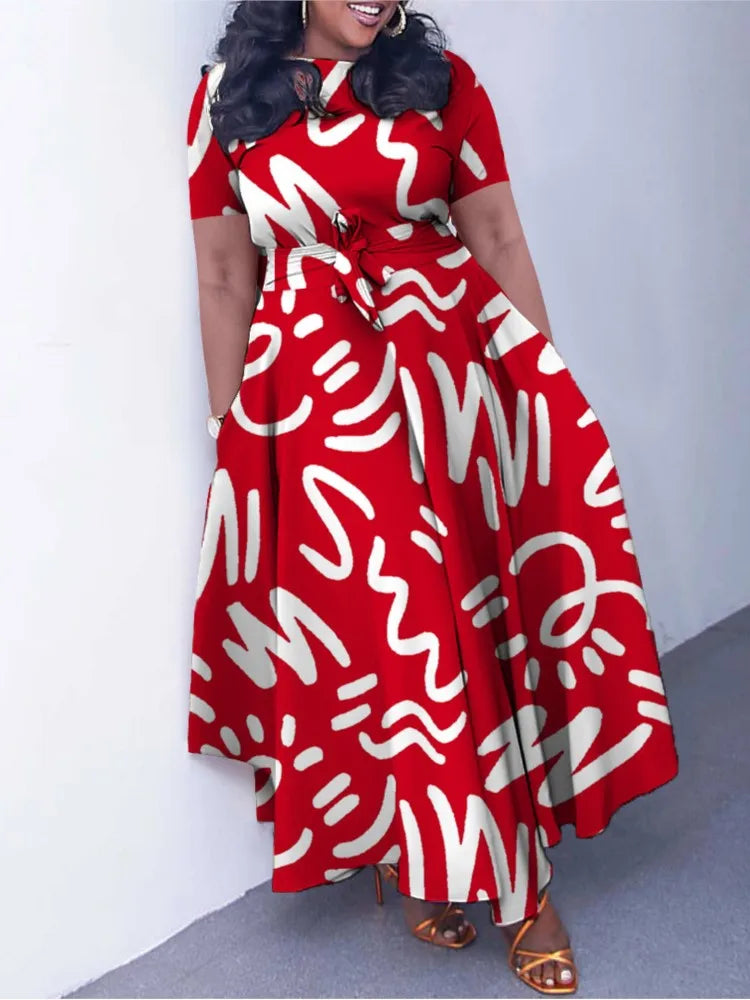Robe Longue Imprimée — Col Rond, Manches Courtes, Longueur Cheville