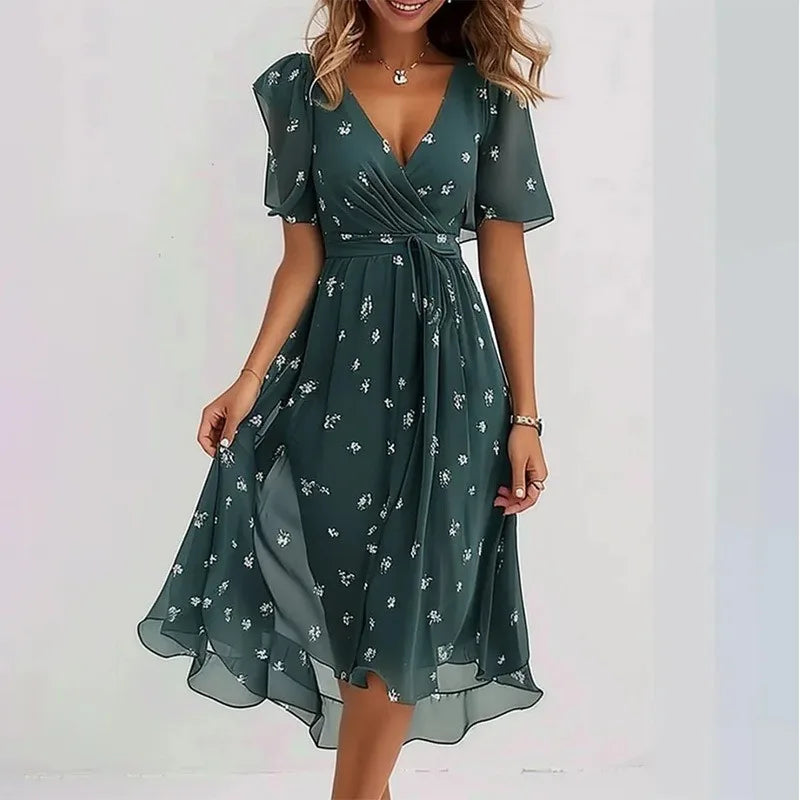 Robe Mini Plissée Imprimée — Col en V, Appliques, Coupe Ajustée