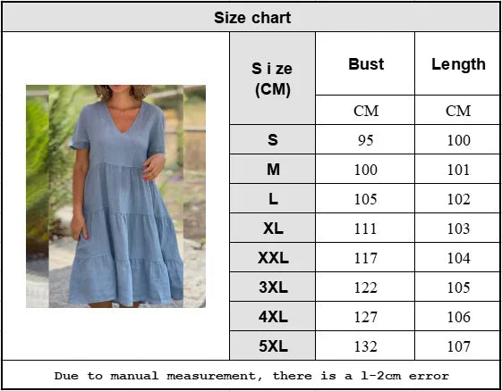 Robe Décontractée Col en V — Manches Courtes, Lin & Fibre, Longueur Genou, Silhouette Une Ligne