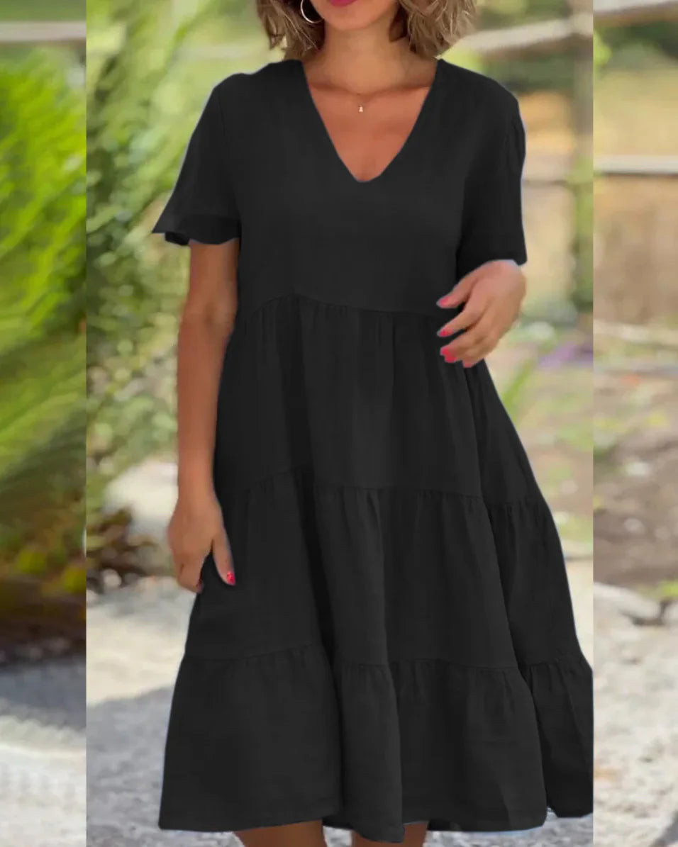 Robe Décontractée Col en V — Manches Courtes, Lin & Fibre, Longueur Genou, Silhouette Une Ligne