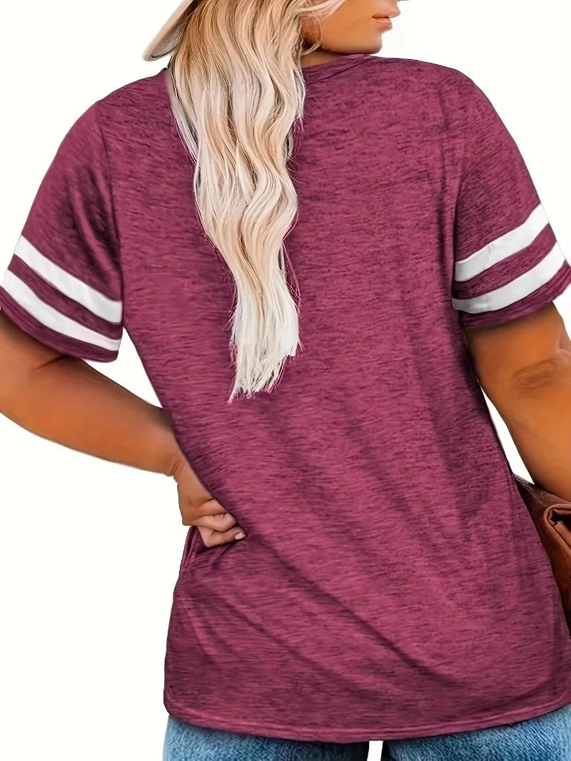 T-shirt Col V Tricoté – Coupe Ample & Bandes Contrastantes