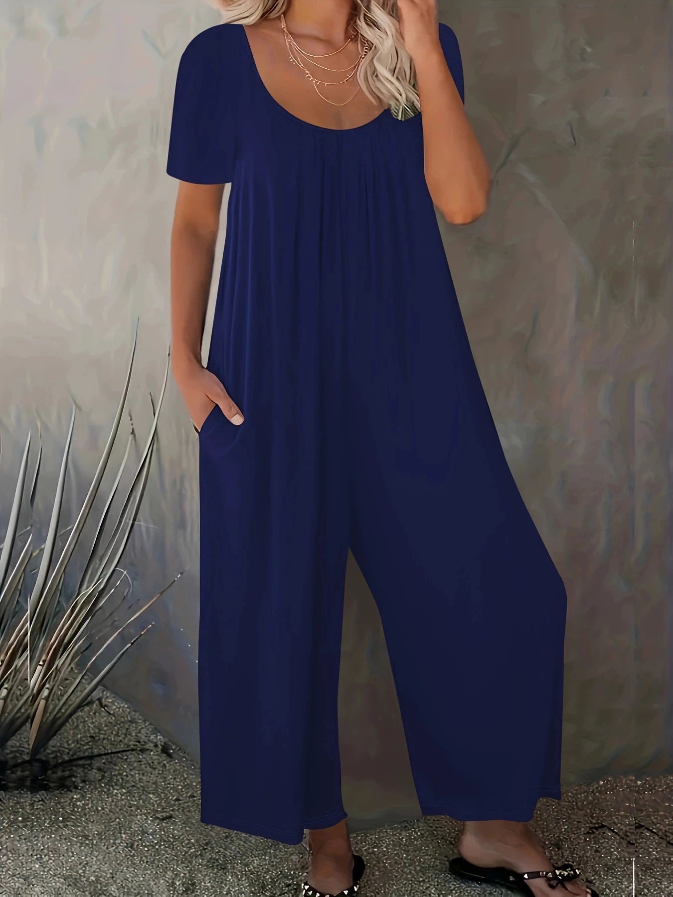 Combinaison Salopette Jambes Larges — Couleur Unie, Manches Courtes & Poches