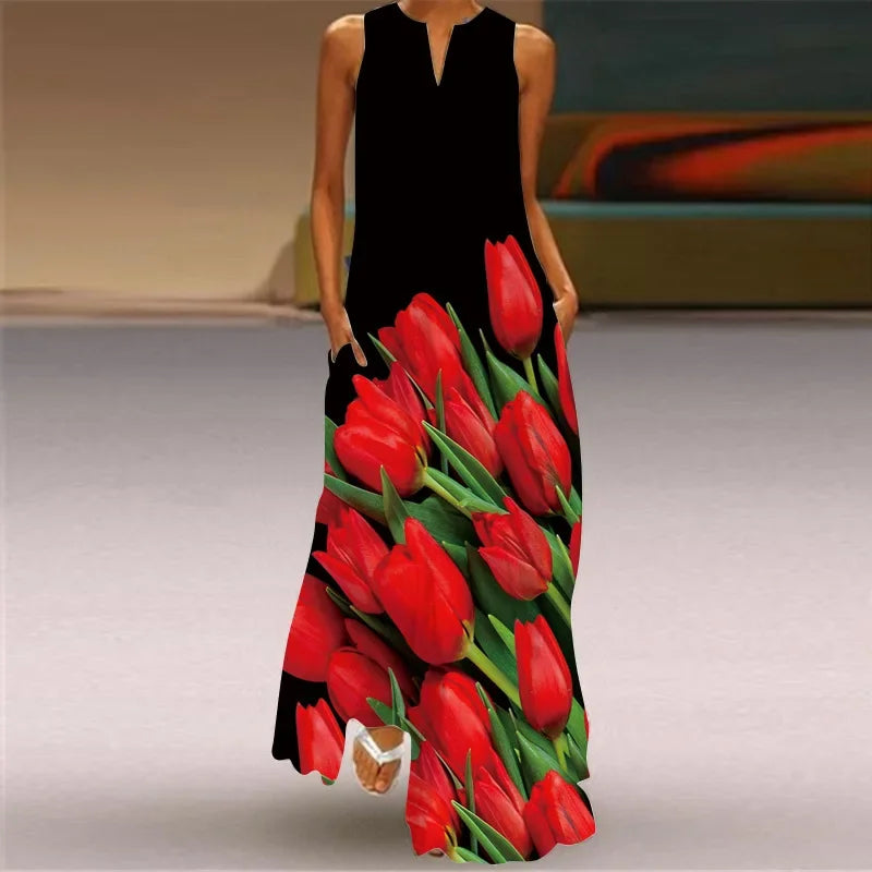 Robe Longue Imprimée Artistique — Col en V, Sans Manches, Poche, Longueur Sol