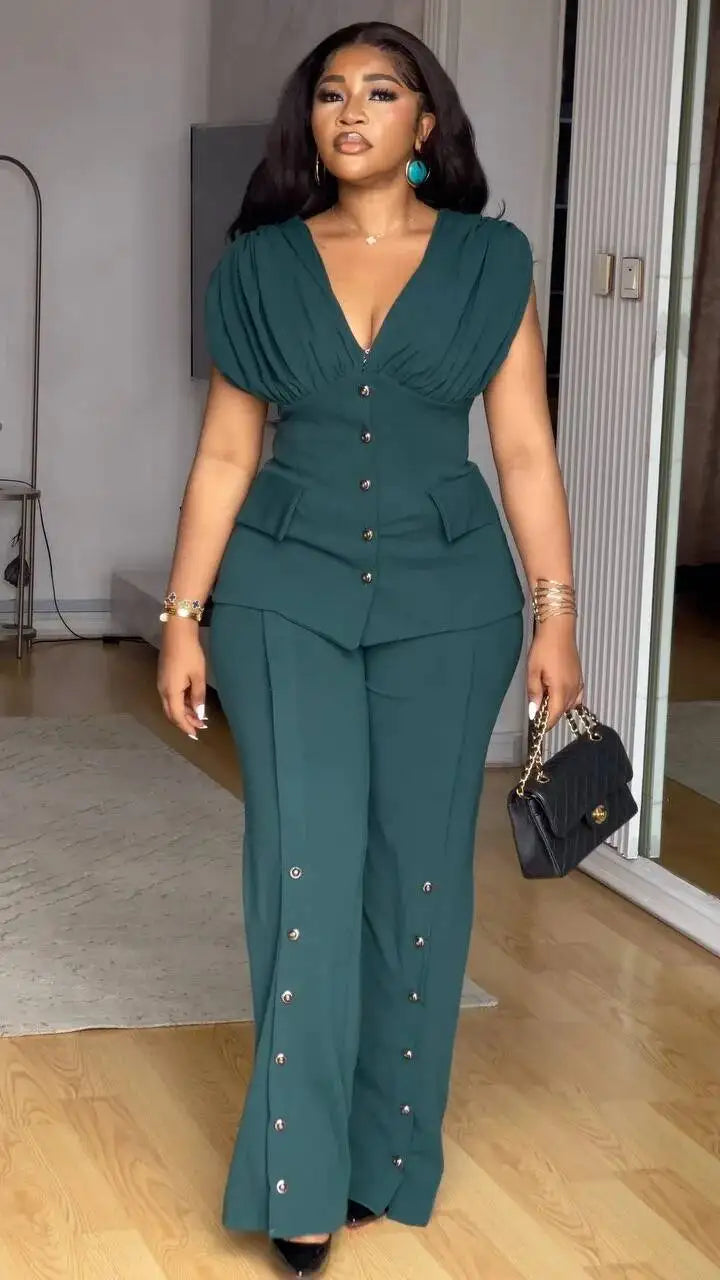 Ensemble 2 Pièces Col en V & Taille Cintrée — Pantalon Jambes Larges, Poche, Longueur Cheville