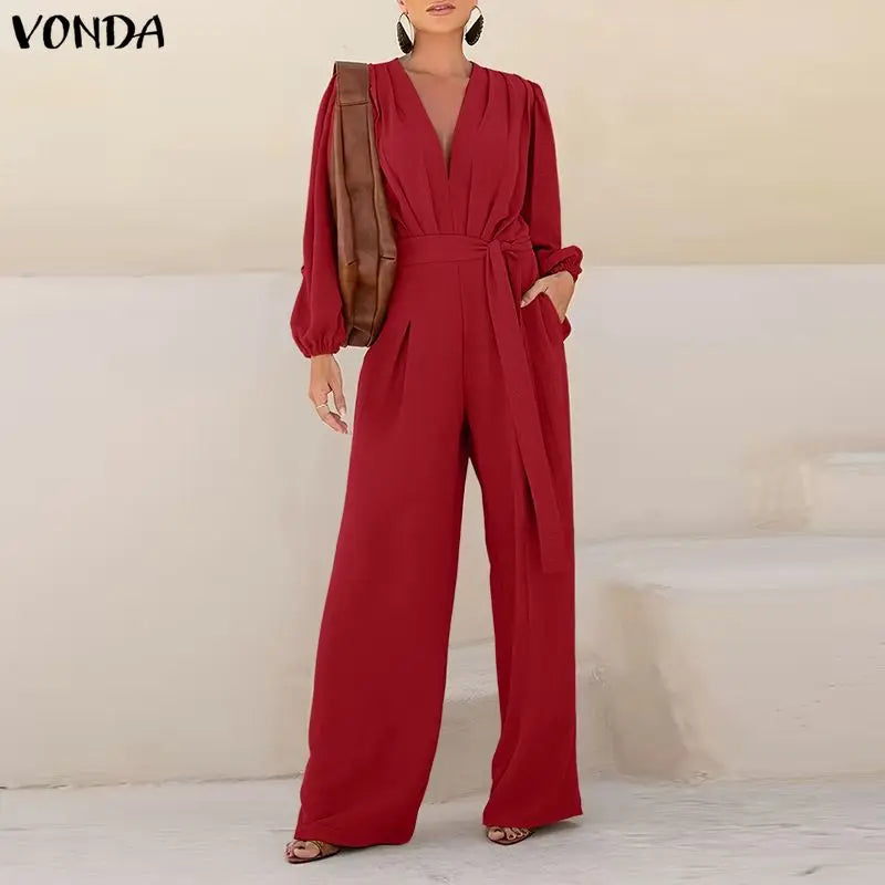Combinaison Manches Longues Plissées — Col Revers, Ceinture, Pantalon Cheville