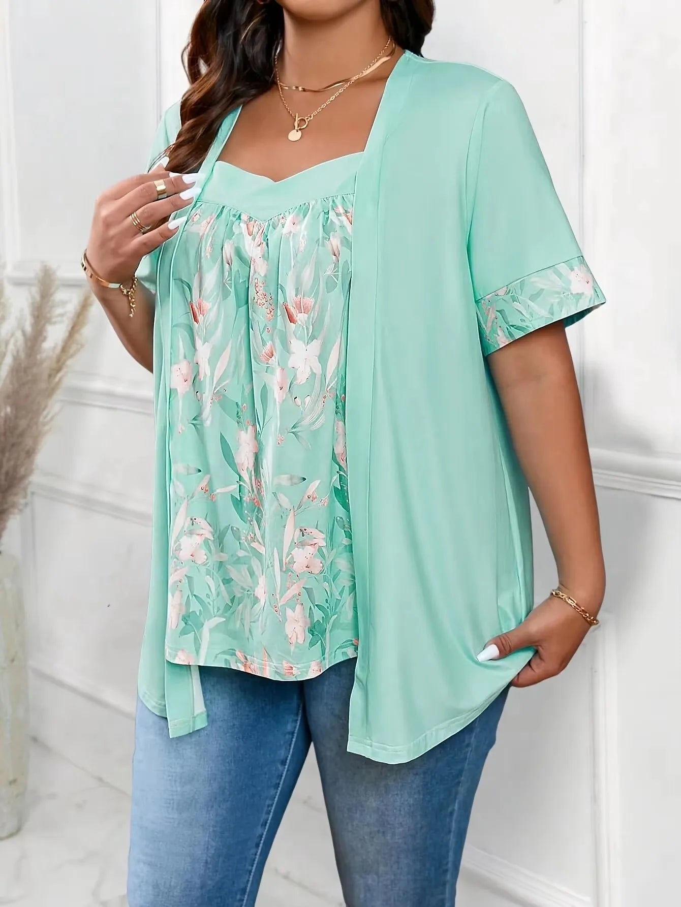 Top Floral 2 en 1 — Col Cou Fendu & Manches Mi-Longues