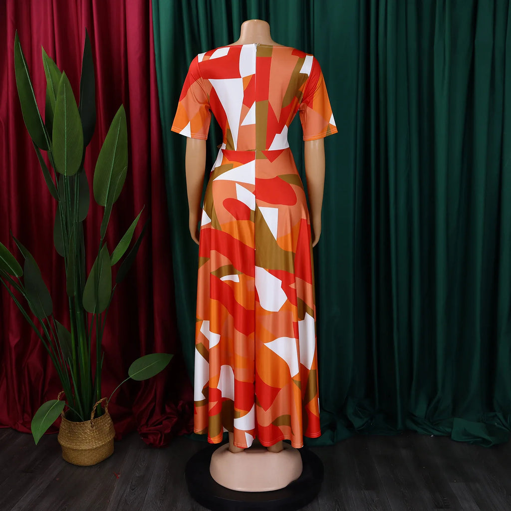 Robe Longue Imprimée avec Ceinture — Col Rond, Manches Courtes, Longueur Cheville