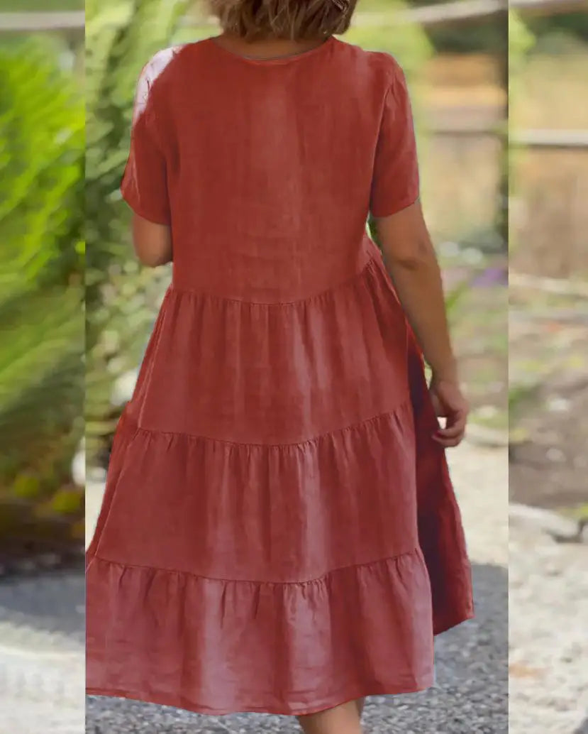 Robe Décontractée Col en V — Manches Courtes, Lin & Fibre, Longueur Genou, Silhouette Une Ligne