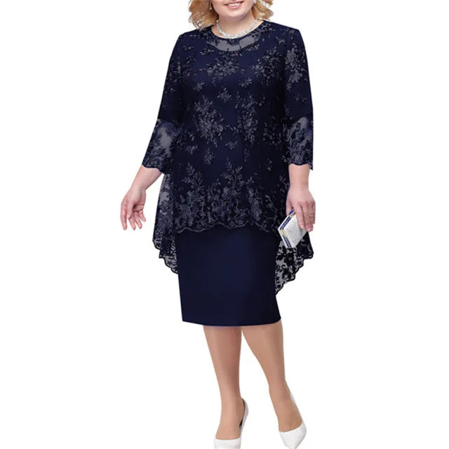 Ensemble 2 Pièces Robe Soirée — Col Rond, Broderie Dentelle, Manches 3/4, Slim Fit