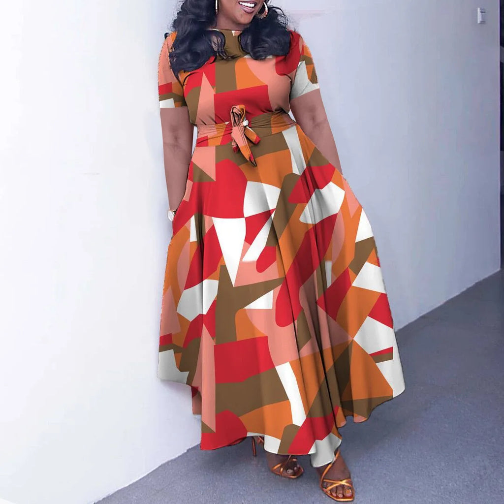 Robe Longue Imprimée avec Ceinture — Col Rond, Manches Courtes, Longueur Cheville