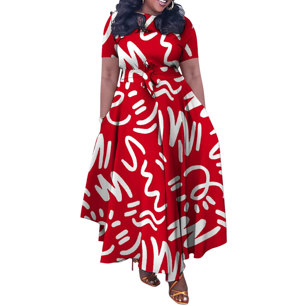 Robe Longue Imprimée — Col Rond, Manches Courtes, Longueur Cheville