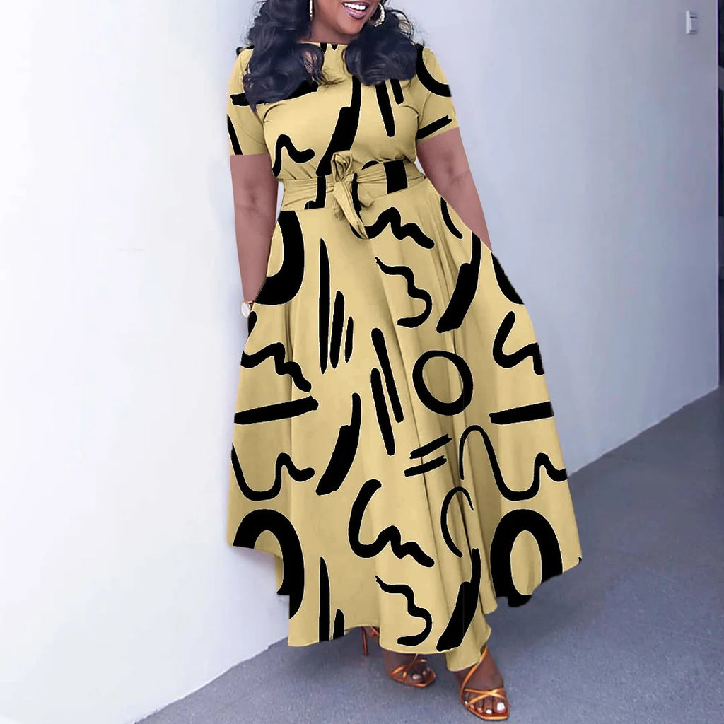 Robe Longue Imprimée avec Ceinture — Col Rond, Manches Courtes, Longueur Cheville