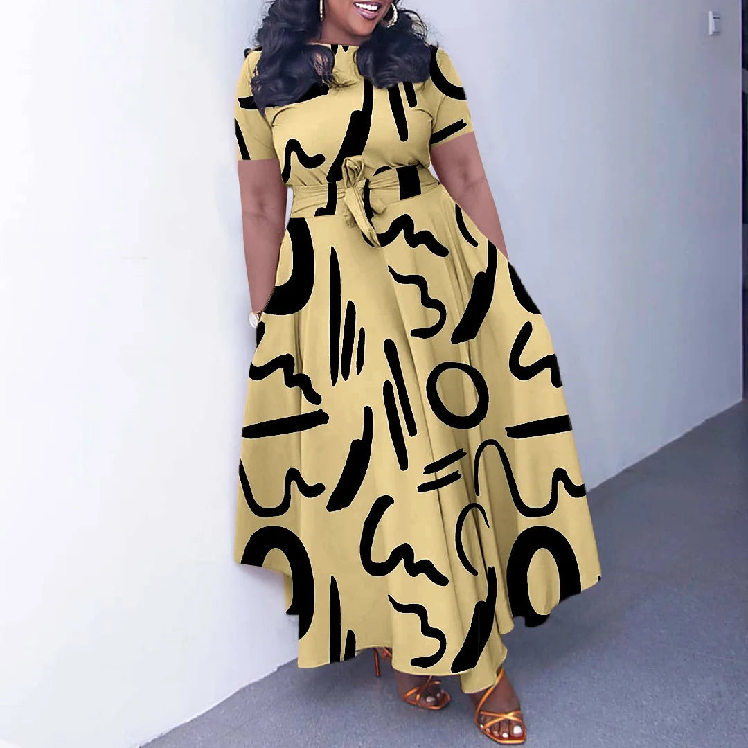 Robe Longue Imprimée avec Ceinture — Col Rond, Manches Courtes, Longueur Cheville