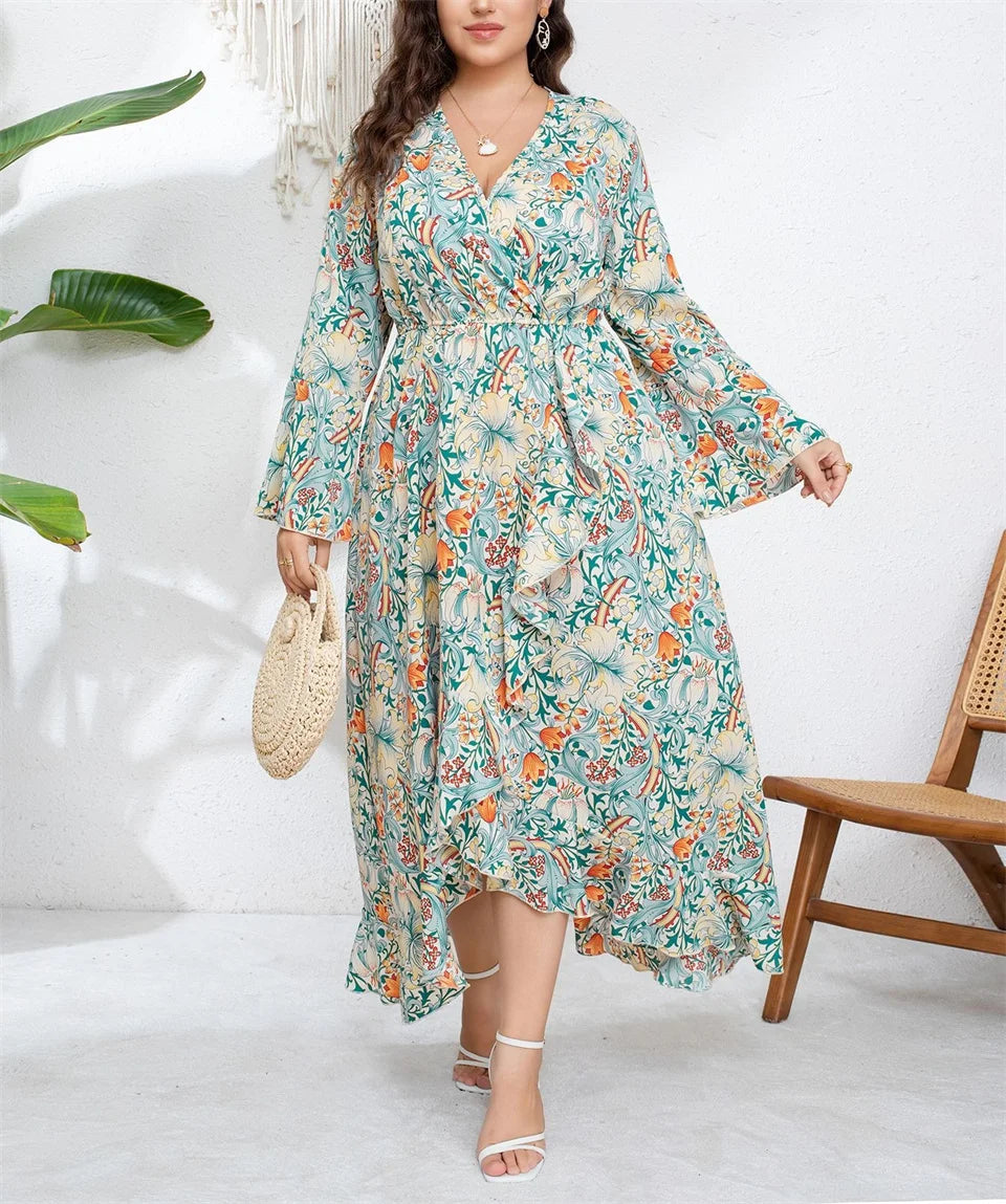 Robe Longue Asymétrique Florale Vert Sauge – Col V & Manches Évasées
