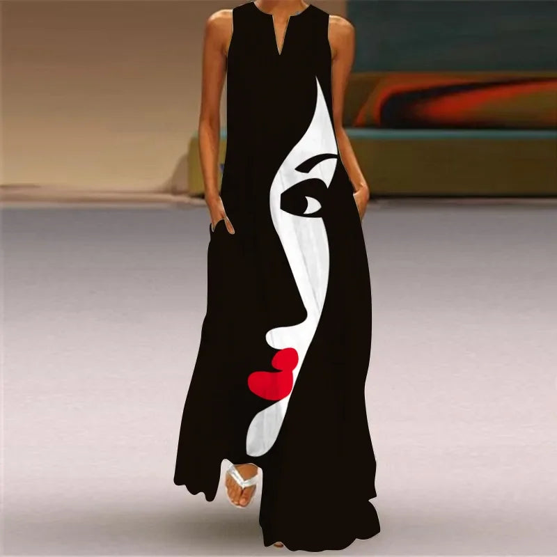 Robe Longue Imprimée Vintage — Col en V, Sans Manches, Longueur Sol