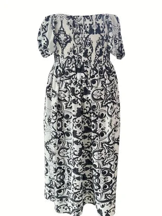 Robe Bohème Imprimée — Épaules Dénudées & Coupe Ample