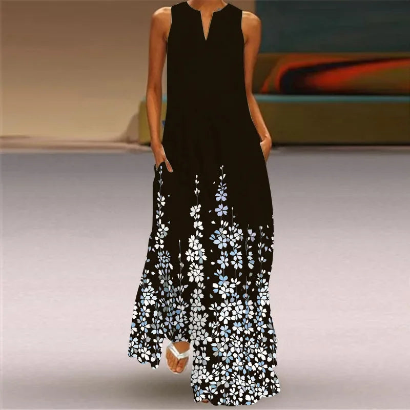 Robe Longue Imprimée Artistique — Col en V, Sans Manches, Poche, Longueur Sol