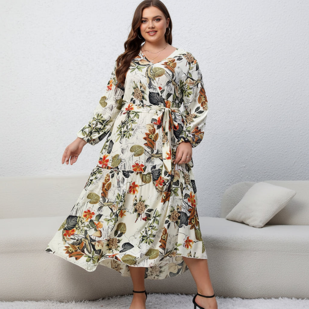 Robe Longue Florale Abricot – Ceinturée, Col V & Manches Longues