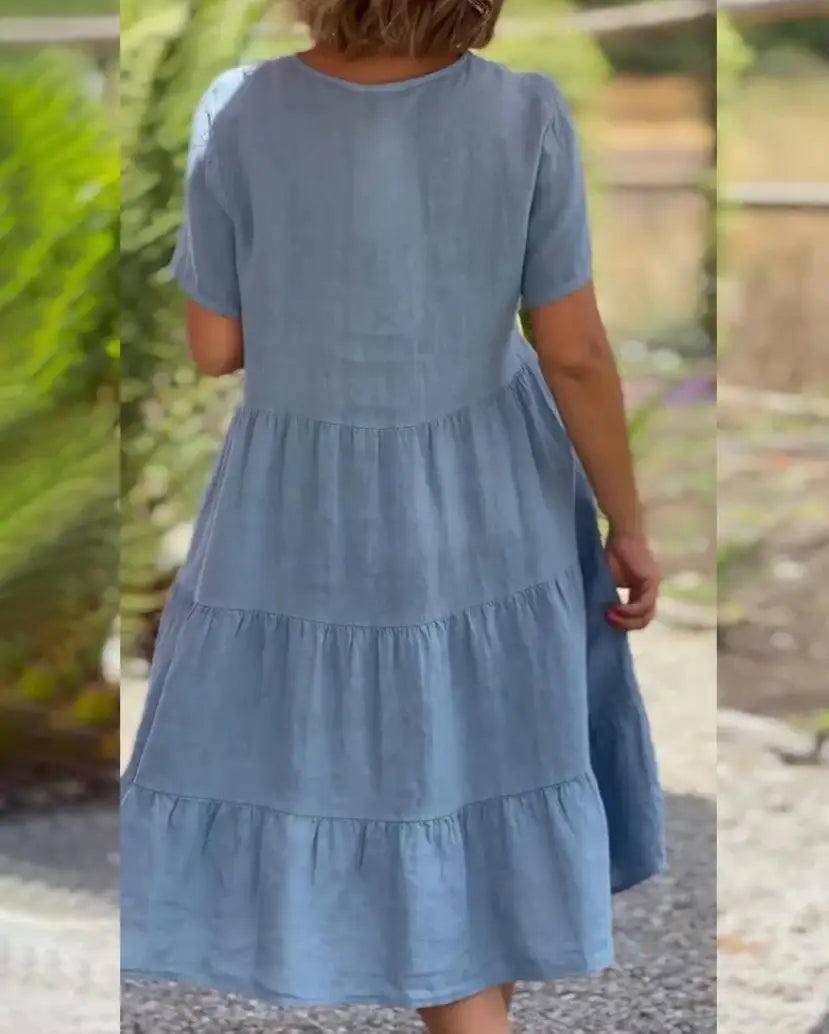Robe Décontractée Col en V — Manches Courtes, Lin & Fibre, Longueur Genou, Silhouette Une Ligne