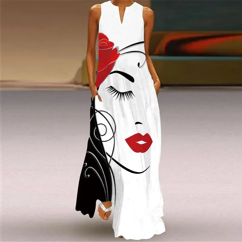 Robe Longue Imprimée Vintage — Col en V, Sans Manches, Longueur Sol