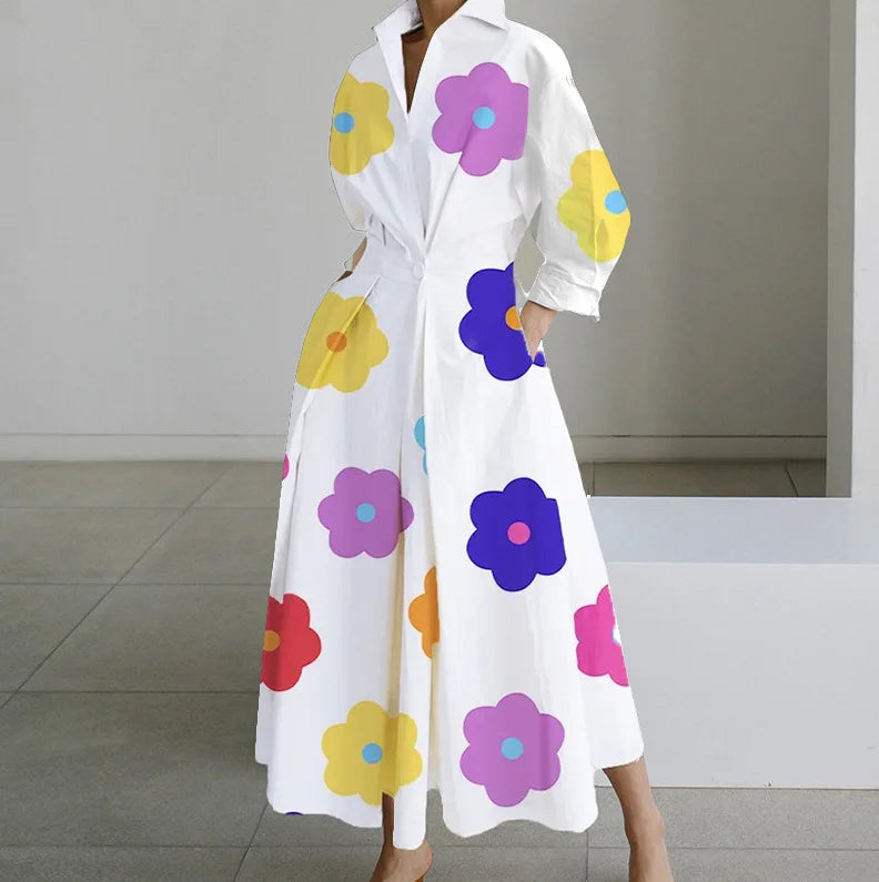 Robe Chemise Imprimée — Col en V, Revers & Boutons, Longueur Cheville